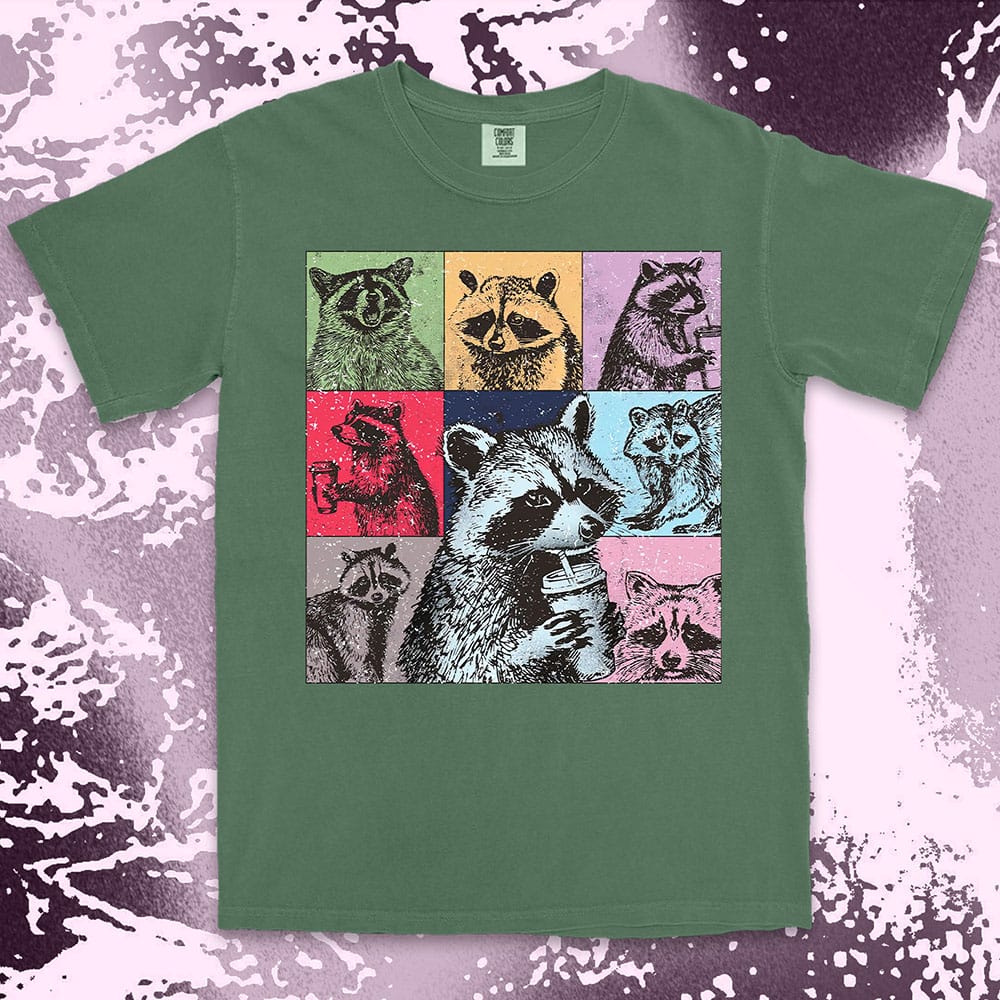 Funny raccoon coffee shirt retro pop art design