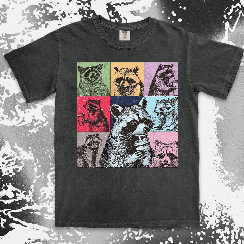 Funny raccoon coffee shirt retro pop art design