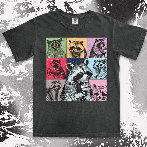 Funny raccoon coffee shirt retro pop art design