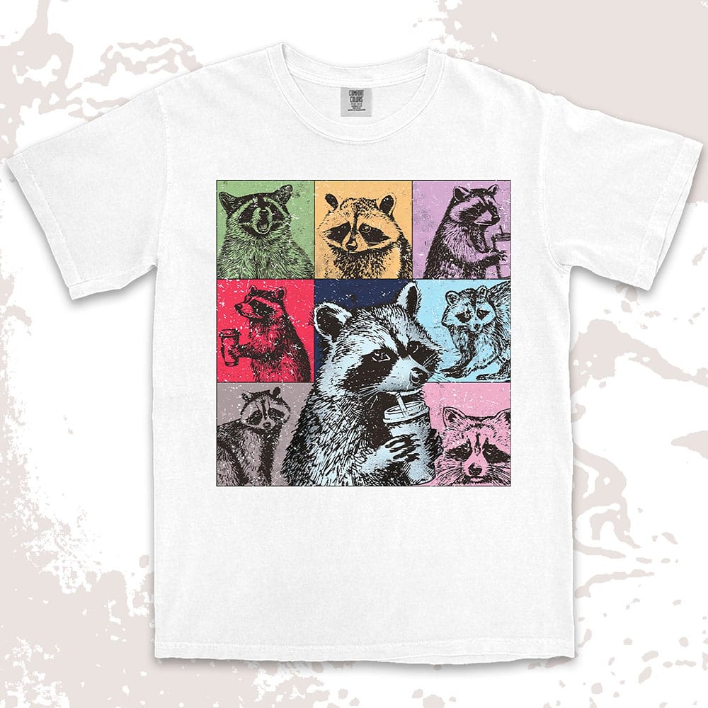 Funny raccoon coffee shirt retro pop art design