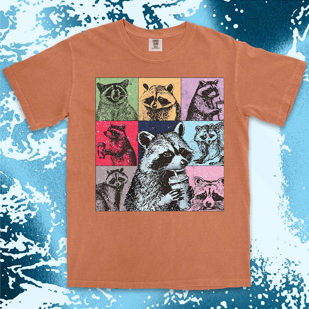 Funny raccoon coffee shirt retro pop art design