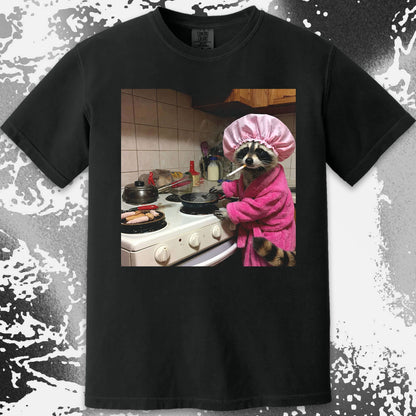Tired Raccoon T-Shirt – Cooking While Completely Done