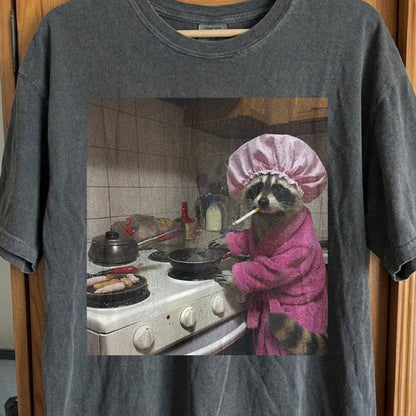 Tired Raccoon T-Shirt – Cooking While Completely Done