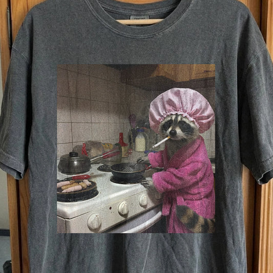 Tired Raccoon T-Shirt – Cooking While Completely Done