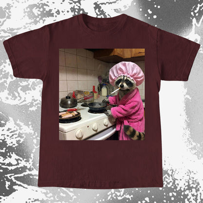 Tired Raccoon T-Shirt – Cooking While Completely Done