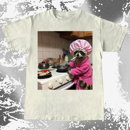 Tired Raccoon T-Shirt – Cooking While Completely Done