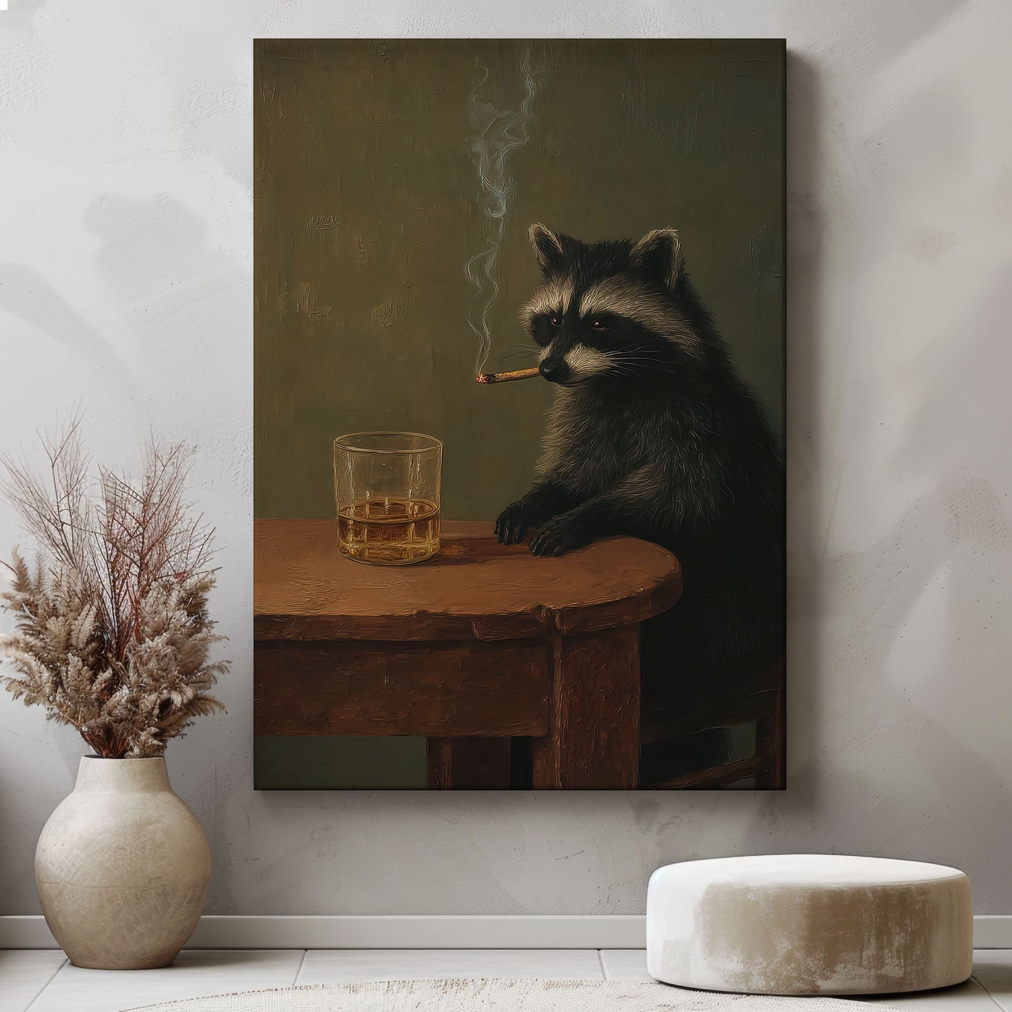 Moody Raccoon Smoking with Whiskey Canvas Art