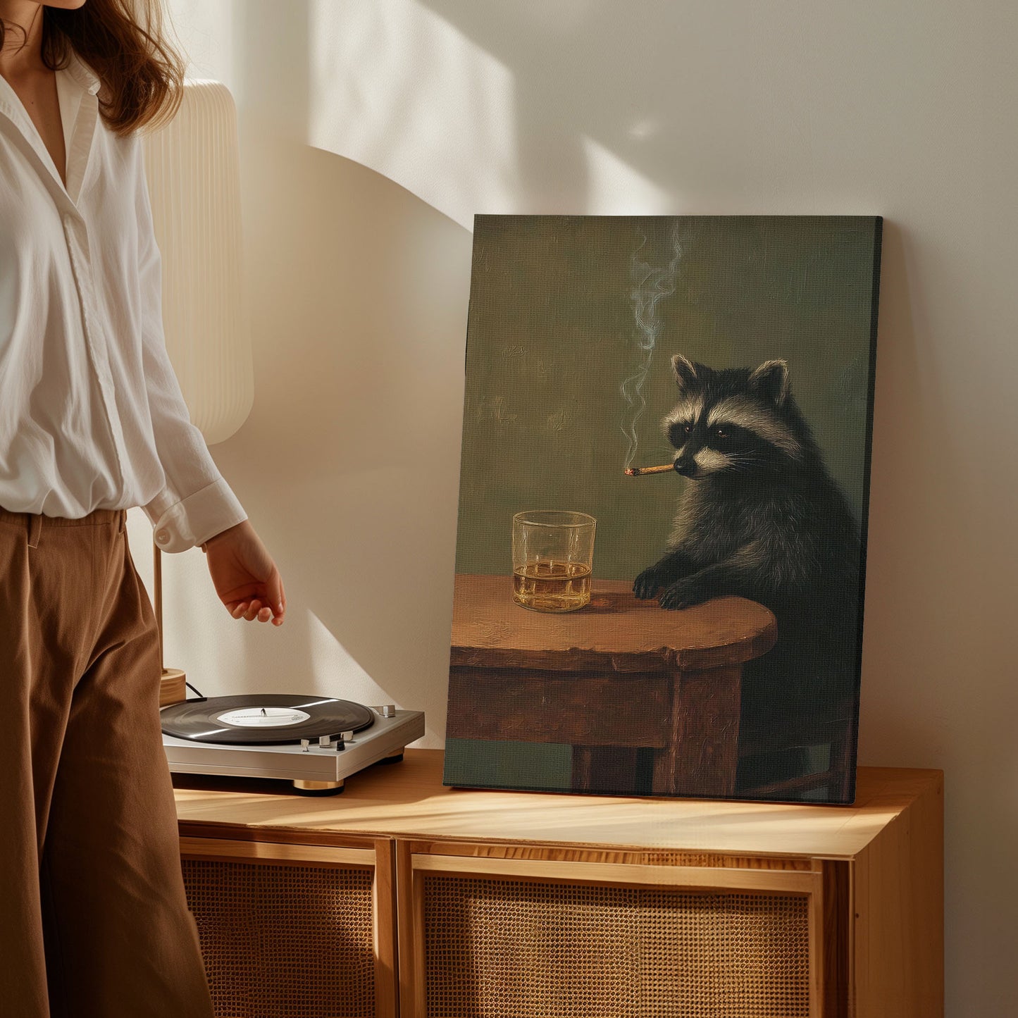 Moody Raccoon Smoking with Whiskey Canvas Art