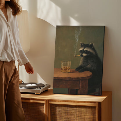 Moody Raccoon Smoking with Whiskey Canvas Art