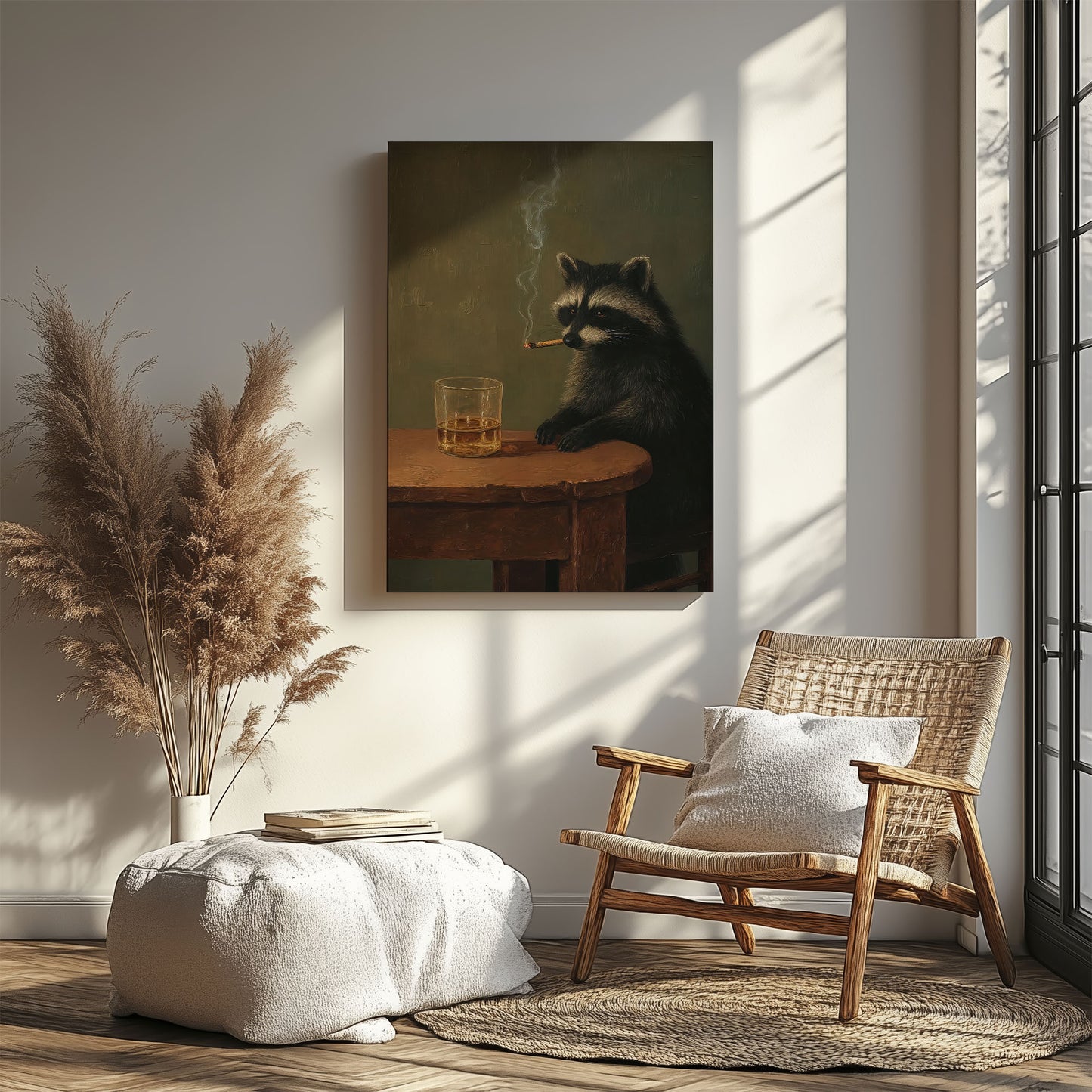 Moody Raccoon Smoking with Whiskey Canvas Art