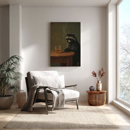 Moody Raccoon Smoking with Whiskey Canvas Art