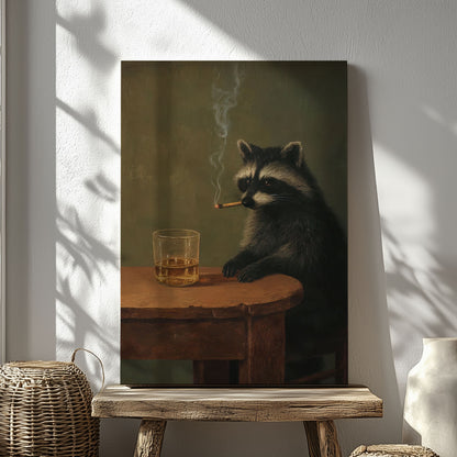 Moody Raccoon Smoking with Whiskey Canvas Art