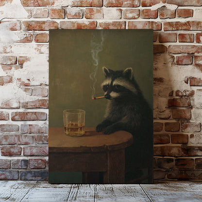 Moody Raccoon Smoking with Whiskey Canvas Art
