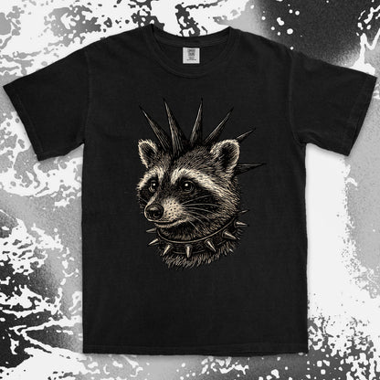 Black t-shirt with a punk raccoon design . Punk style