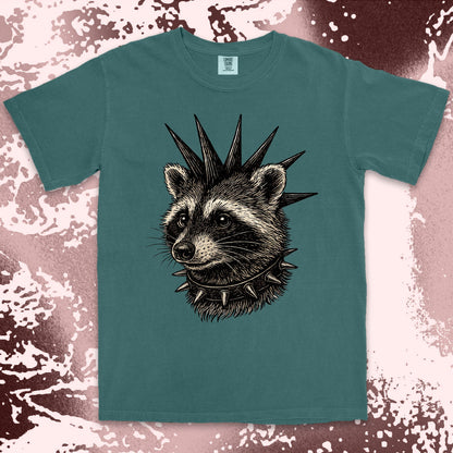 punk raccoon graphic t-shirt with spikes and attitude