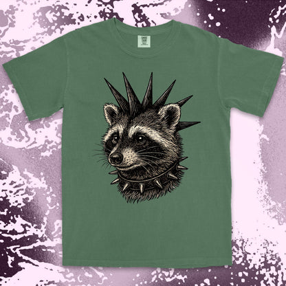 punk raccoon graphic t-shirt with spikes and attitude
