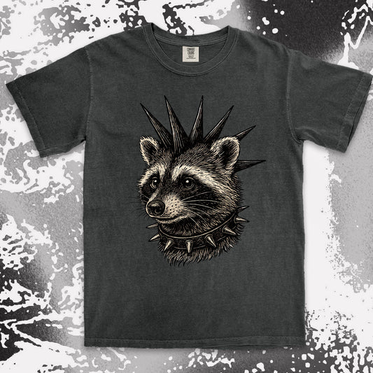 punk raccoon graphic t-shirt with spikes and attitude