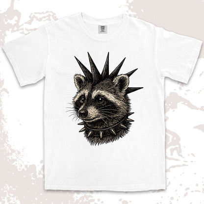 White t-shirt with a punk raccoon design wearing a spiked collar on a light background