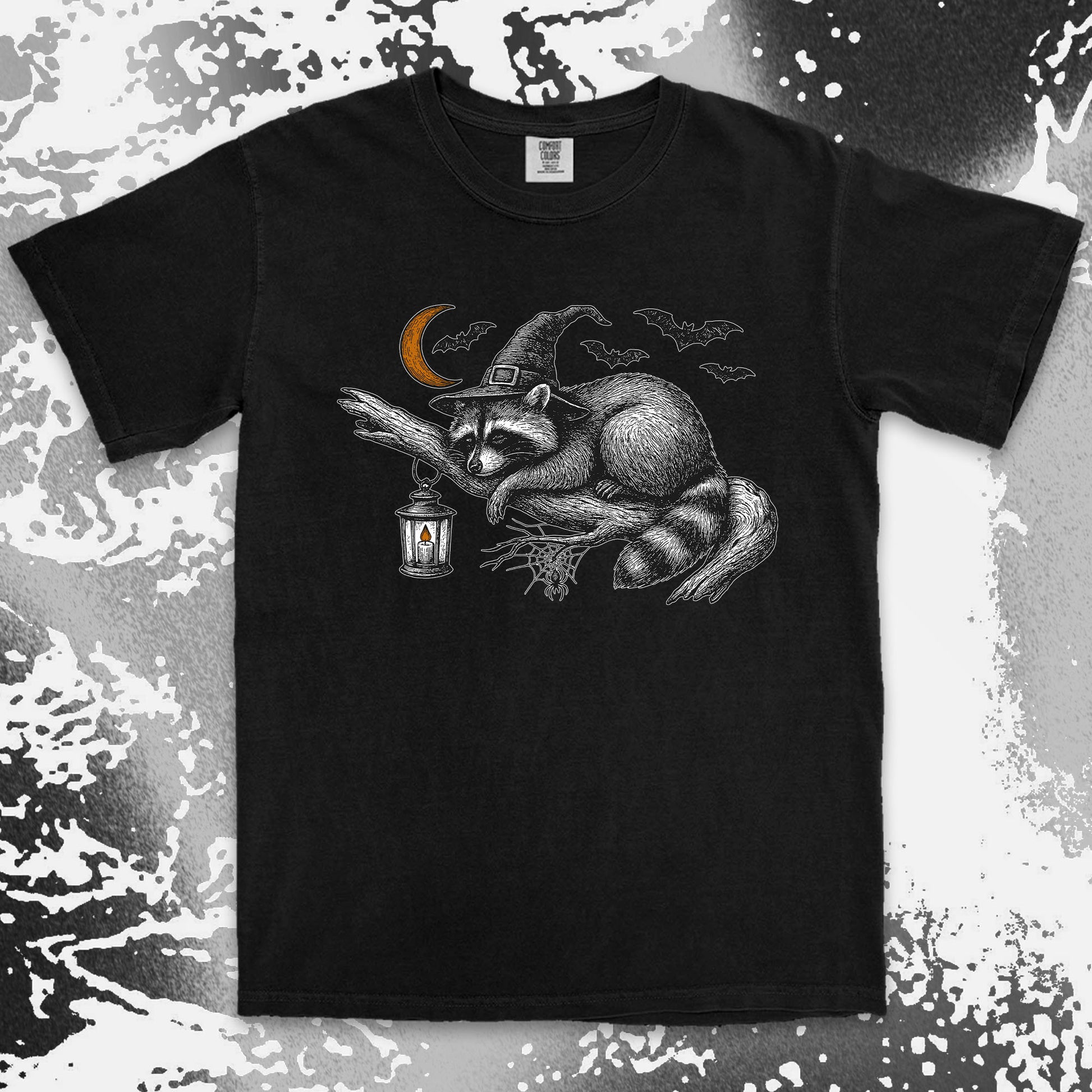 witch raccoon halloween shirt spooky lantern bats spider web tee