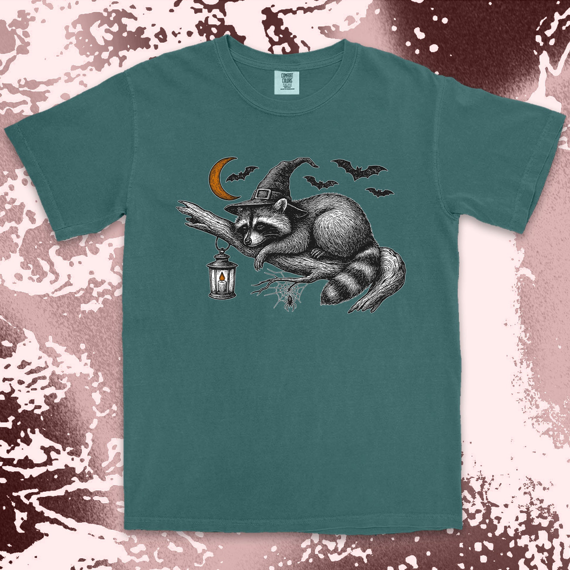 witch raccoon halloween shirt spooky lantern bats spider web tee