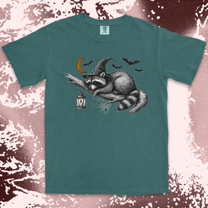 witch raccoon halloween shirt spooky lantern bats spider web tee