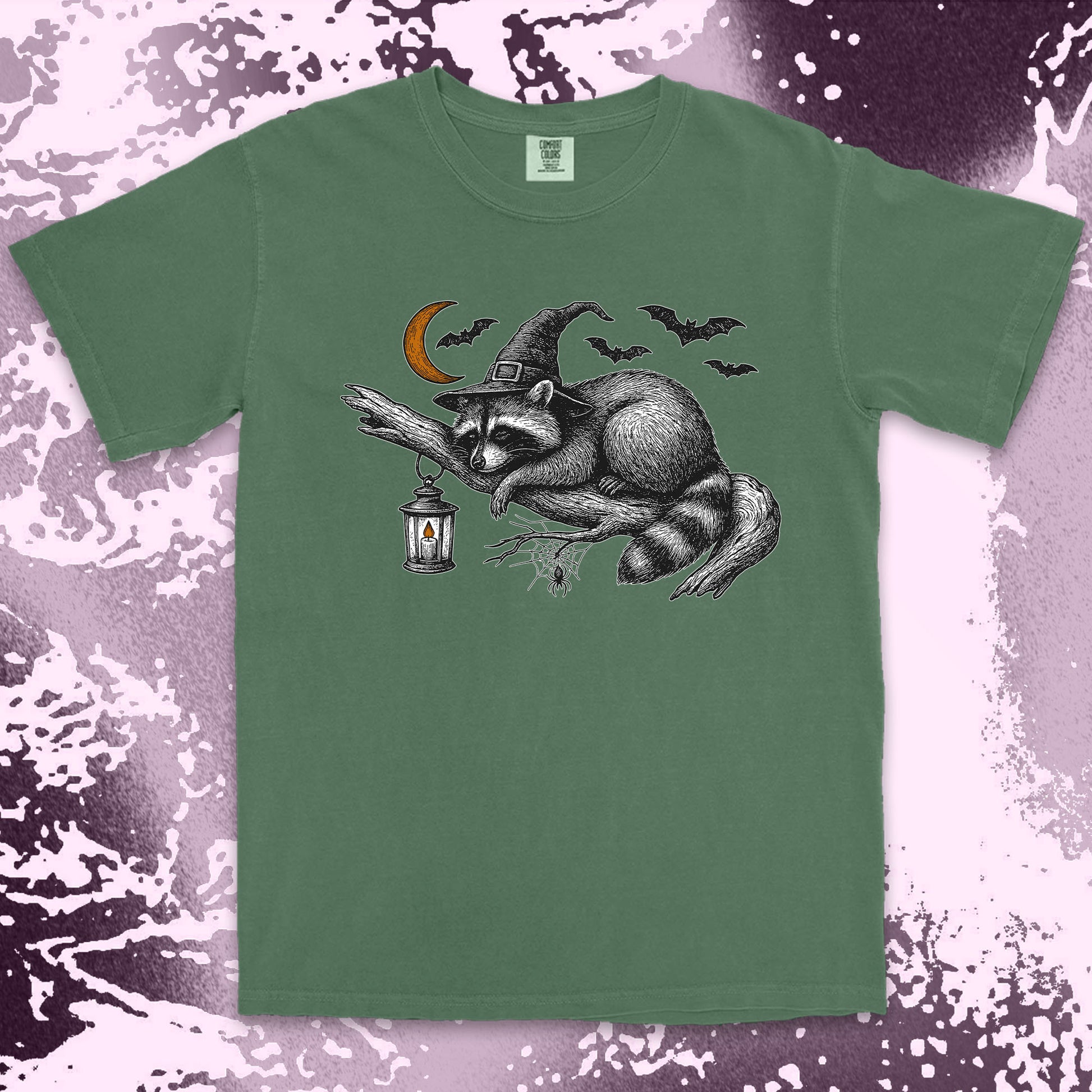 witch raccoon halloween shirt spooky lantern bats spider web tee