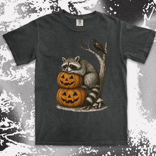pumpkin stack raccoon halloween shirt spooky crow fall vibes tee