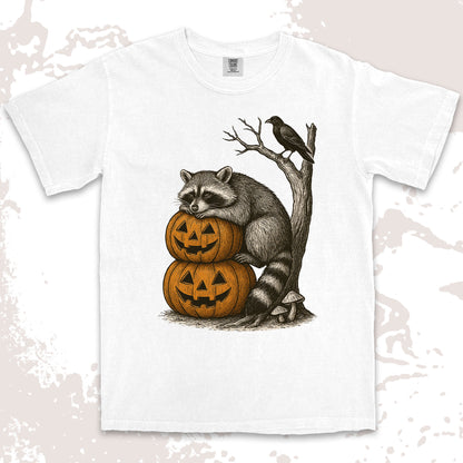 pumpkin stack raccoon halloween shirt spooky crow fall vibes tee