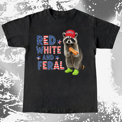 Red White and Feral Raccoon Shirt, Patriotic Chaos Humor Tee