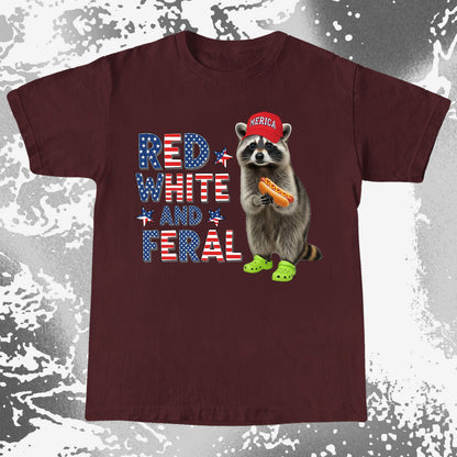 Red White and Feral Raccoon Shirt, Patriotic Chaos Humor Tee