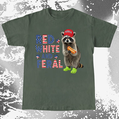 Red White and Feral Raccoon Shirt, Patriotic Chaos Humor Tee