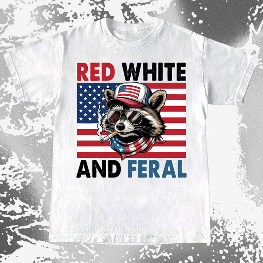 Raccoon wearing sunglasses and USA flag hat with cigarette, American flag background, text “Red White and Feral”, rebellious patriotic vibe