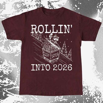Rollin’ Into 2026 Raccoon Dumpster Fire Line Art Shirt