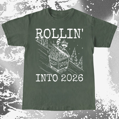 Rollin’ Into 2026 Raccoon Dumpster Fire Line Art Shirt