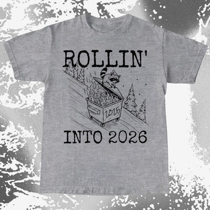 Rollin’ Into 2026 Raccoon Dumpster Fire Line Art Shirt