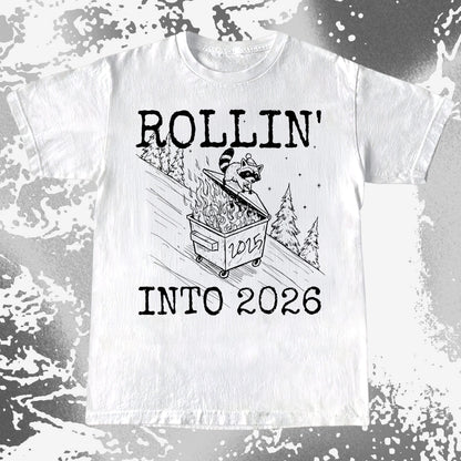 Rollin’ Into 2026 Raccoon Dumpster Fire Line Art Shirt