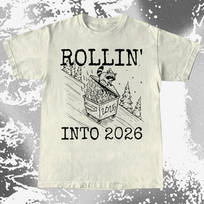 Rollin’ Into 2026 Raccoon Dumpster Fire Line Art Shirt