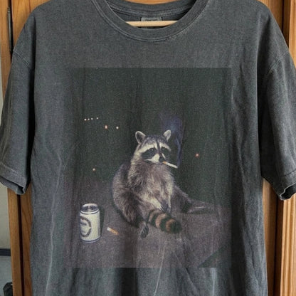 Raccoon Smoking T-Shirt, Late Night Loneliness Aesthetic, Dark Humor Animal Art