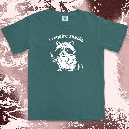 funny raccoon i require snacks with knife illustration comfort colors t-shirt