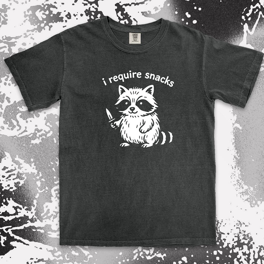 funny raccoon i require snacks with knife illustration comfort colors t-shirt