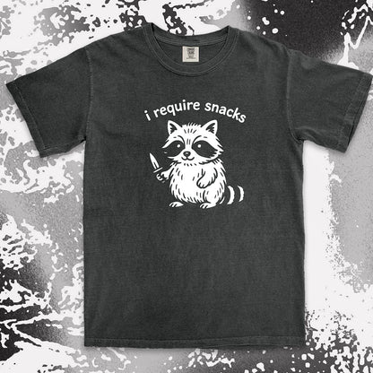 funny raccoon i require snacks with knife illustration comfort colors t-shirt