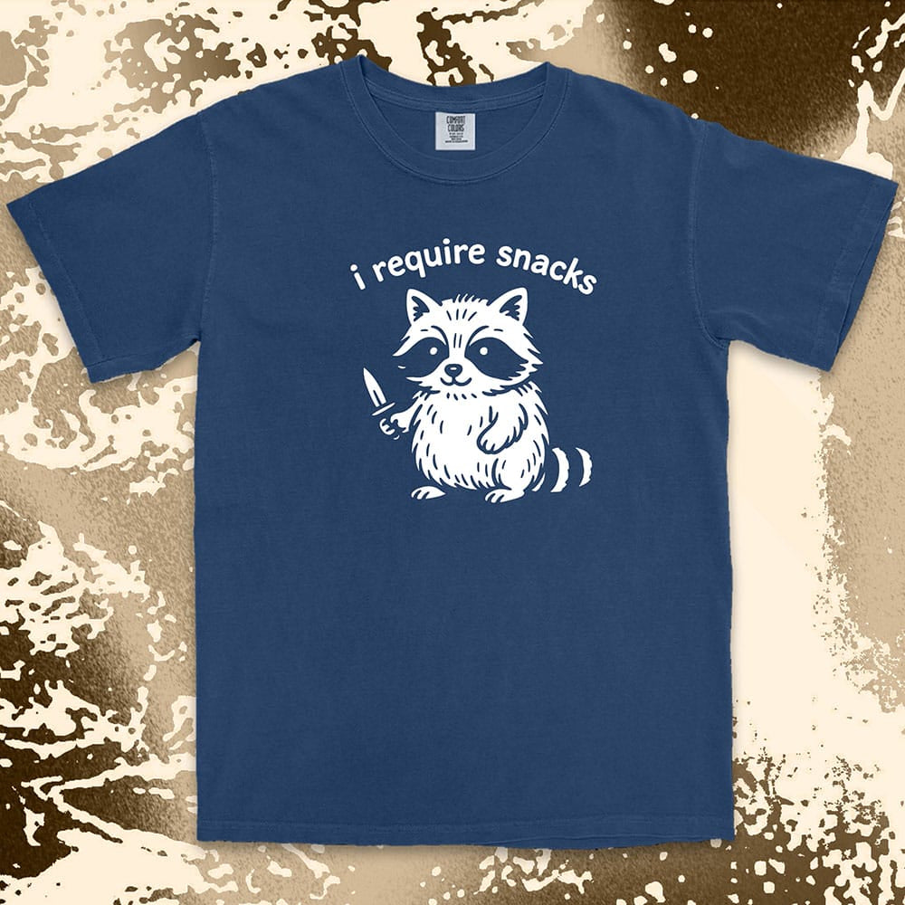 funny raccoon i require snacks with knife illustration comfort colors t-shirt
