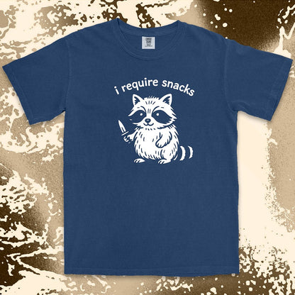 funny raccoon i require snacks with knife illustration comfort colors t-shirt