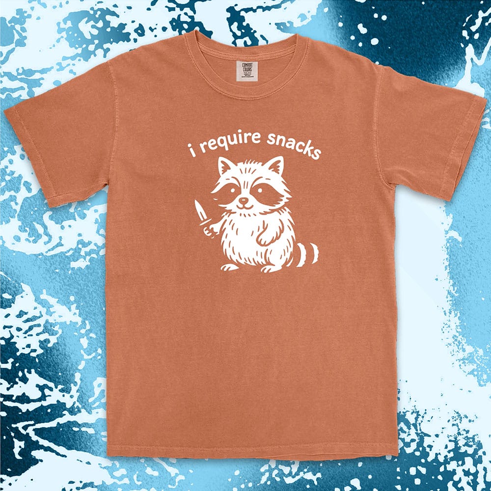 funny raccoon i require snacks with knife illustration comfort colors t-shirt