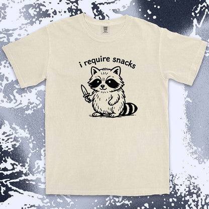 funny raccoon i require snacks with knife illustration comfort colors t-shirt
