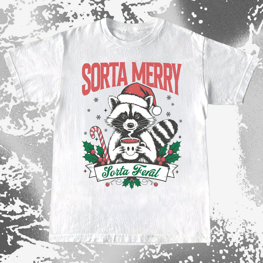 Sorta Merry Sorta Feral raccoon Christmas shirt with Santa hat cocoa mug candy cane and holly