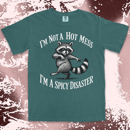 Funny raccoon shirt with dancing raccoon and quote ÒIÕm not a hot mess IÕm a spicy disasterÓ printed on Comfort Color t-shirt.