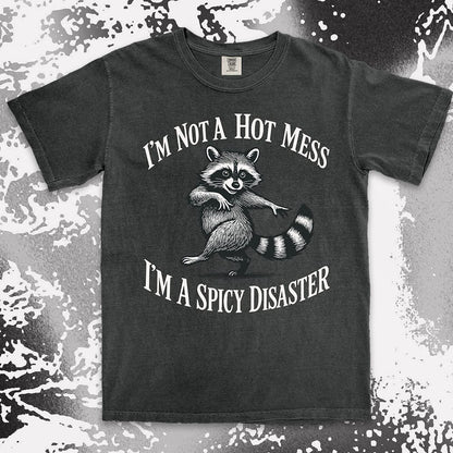 Funny raccoon shirt with dancing raccoon and quote ÒIÕm not a hot mess IÕm a spicy disasterÓ printed on Comfort Color t-shirt.