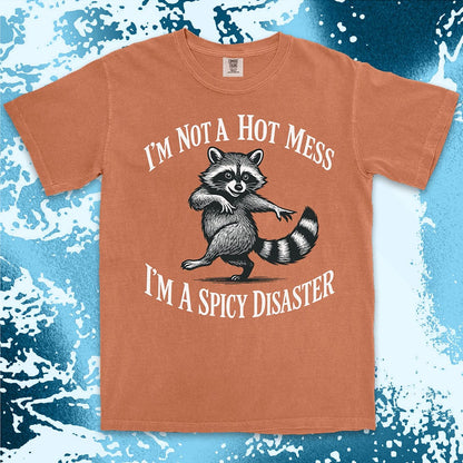 Funny raccoon shirt with dancing raccoon and quote ÒIÕm not a hot mess IÕm a spicy disasterÓ printed on Comfort Color t-shirt.