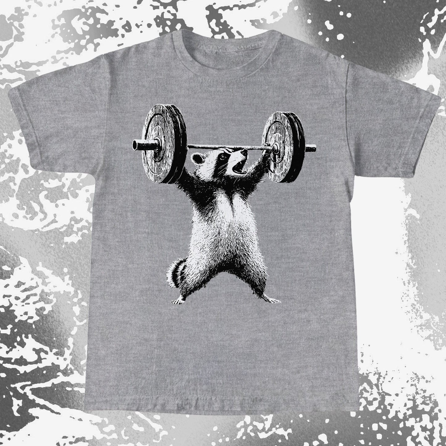 Gray t-shirt with a graphic of a badger lifting weights on a distressed gray background